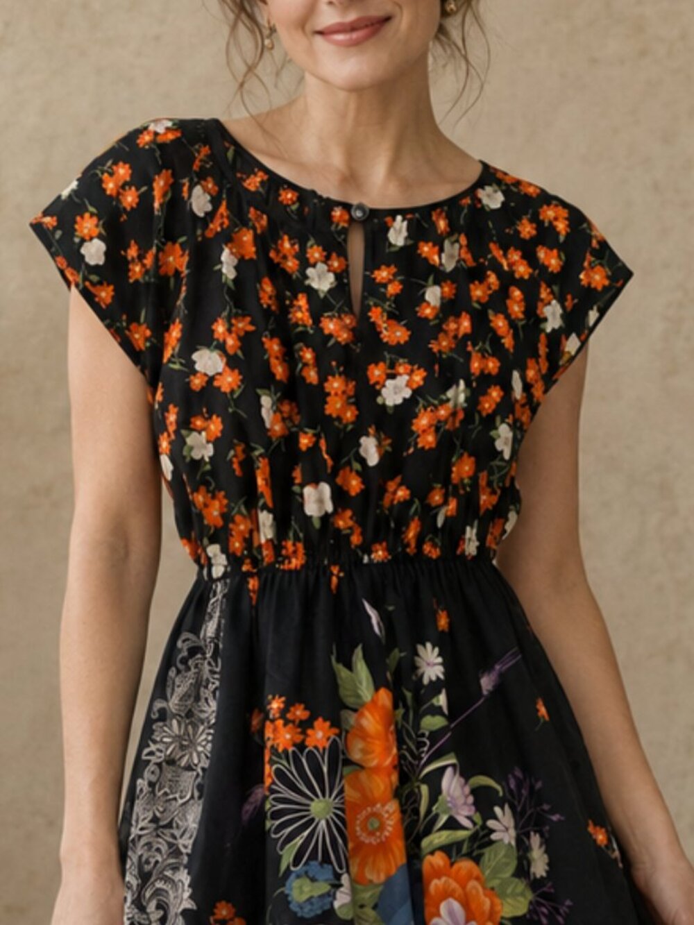 Vintage Rollina Japanese Floral Cotton Midi Dress S